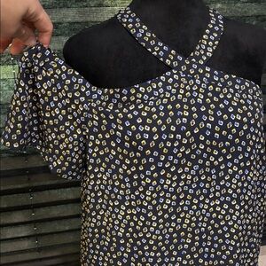 LOFT Women’s Blue w Yellow Geo Print Halter Neck‎ Cold Shoulder Blouse SZ Medium